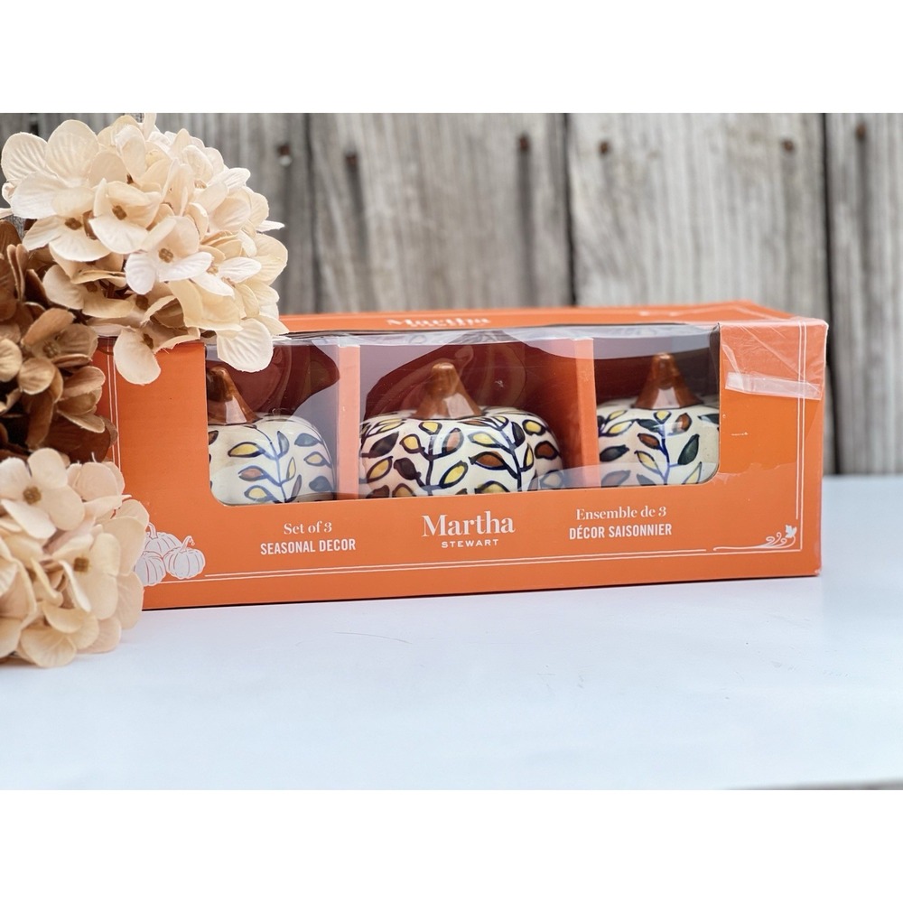 Martha Stewart Set Of 3 Ceramic Floral Pumpkins New Colorful Fall Decor 4 IN